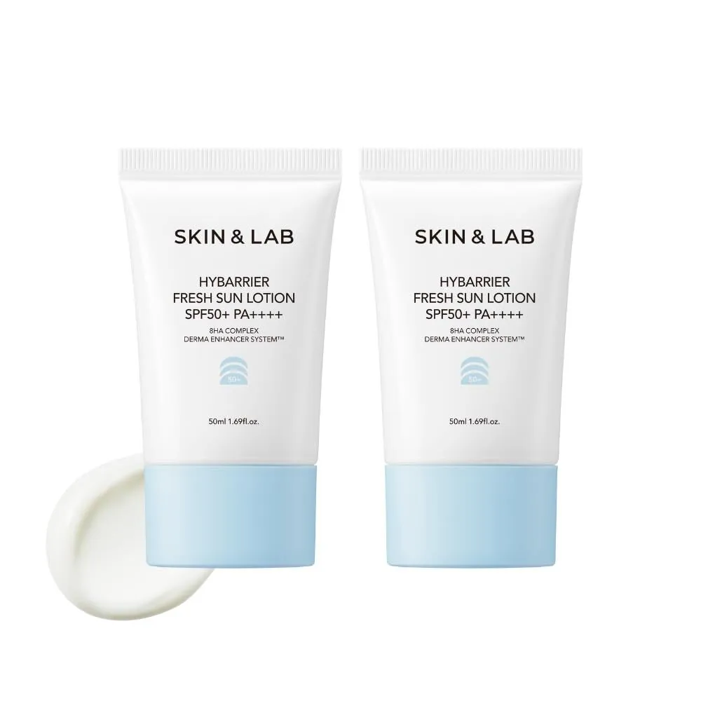 Loțiune hidratantă cu protecție solară SKIN&LAB Hybarrier Fresh Sun Lotion SPF50+ cu complex de 8 tipuri de acid hialuronic pentru protecția barierei cutanate și hidratare de lungă durată.